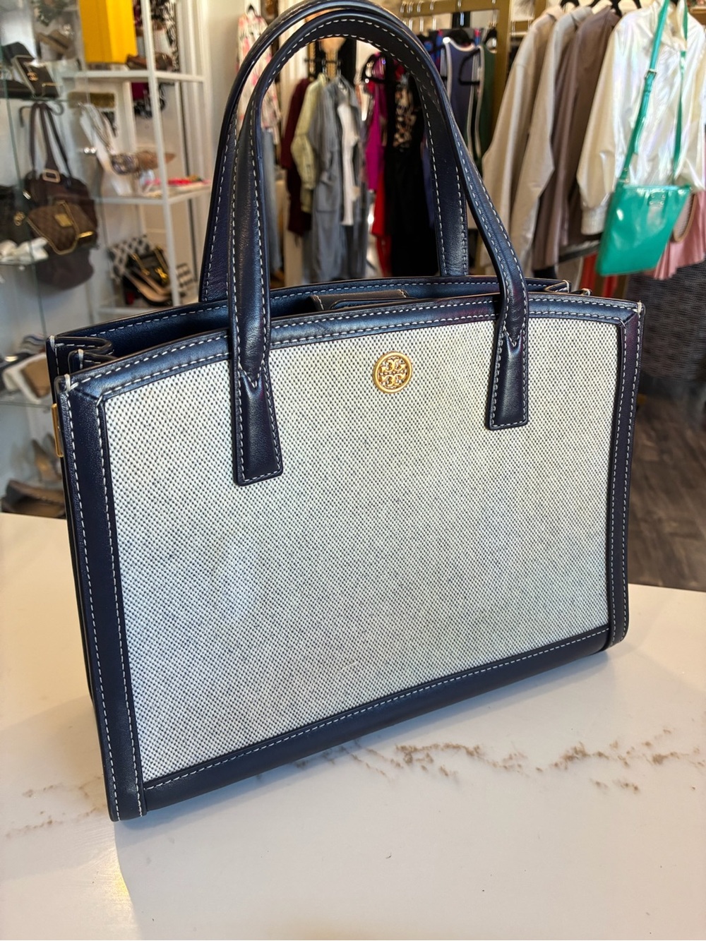 Tory Burch Navy and Cream Canvas Tote - Picture 2 of 7